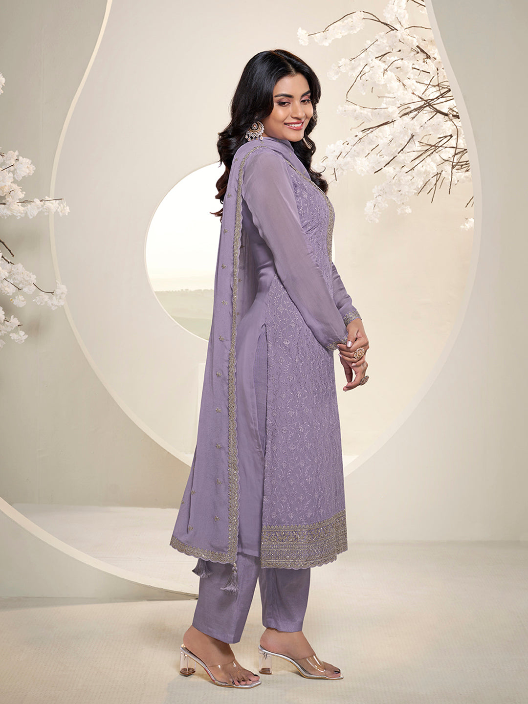 Lavender Floral Pattern Schiffli Thread and Sequins Embroidery Kurta Suit Set by Qivii