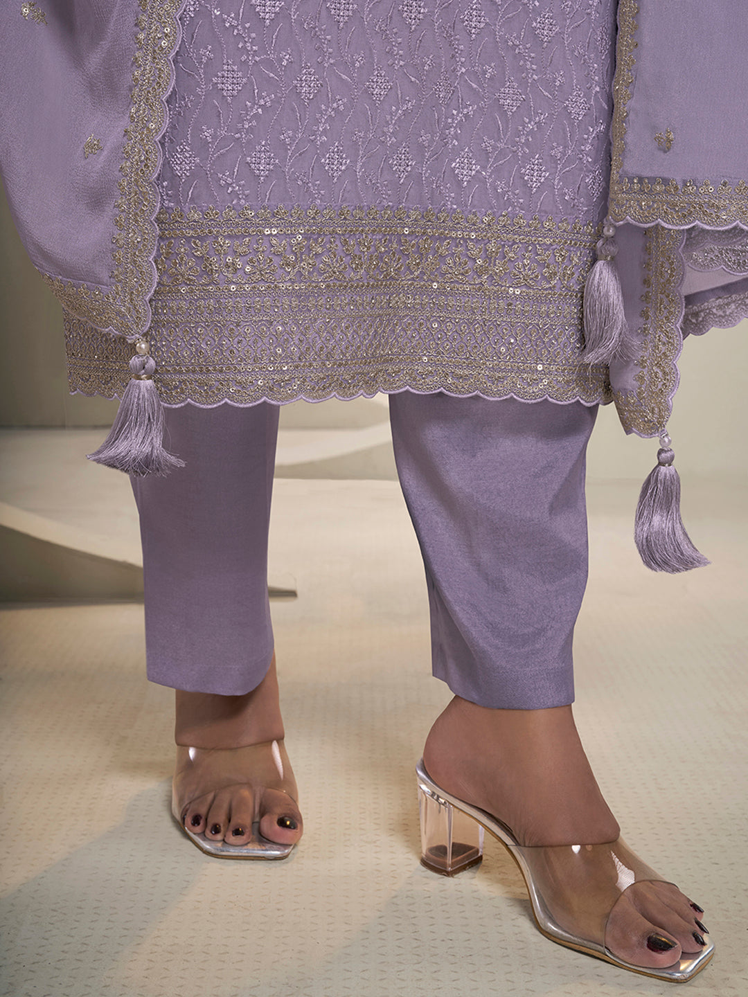 Lavender Floral Pattern Schiffli Thread and Sequins Embroidery Kurta Suit Set by Qivii