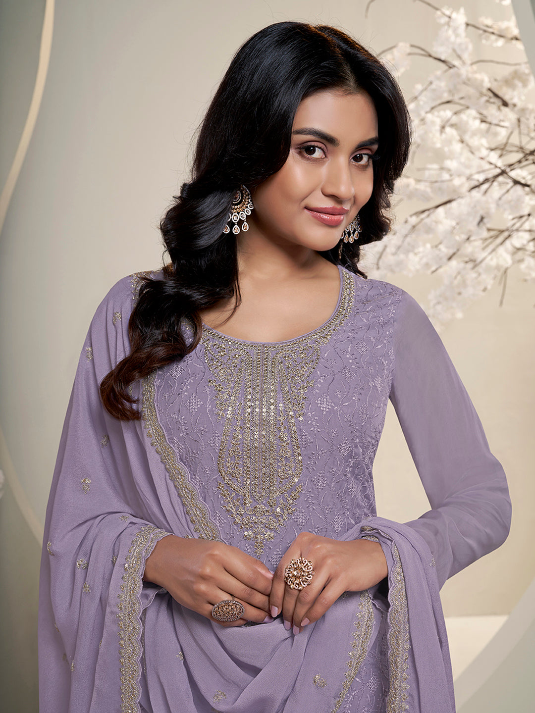 Lavender Floral Pattern Schiffli Thread and Sequins Embroidery Kurta Suit Set by Qivii