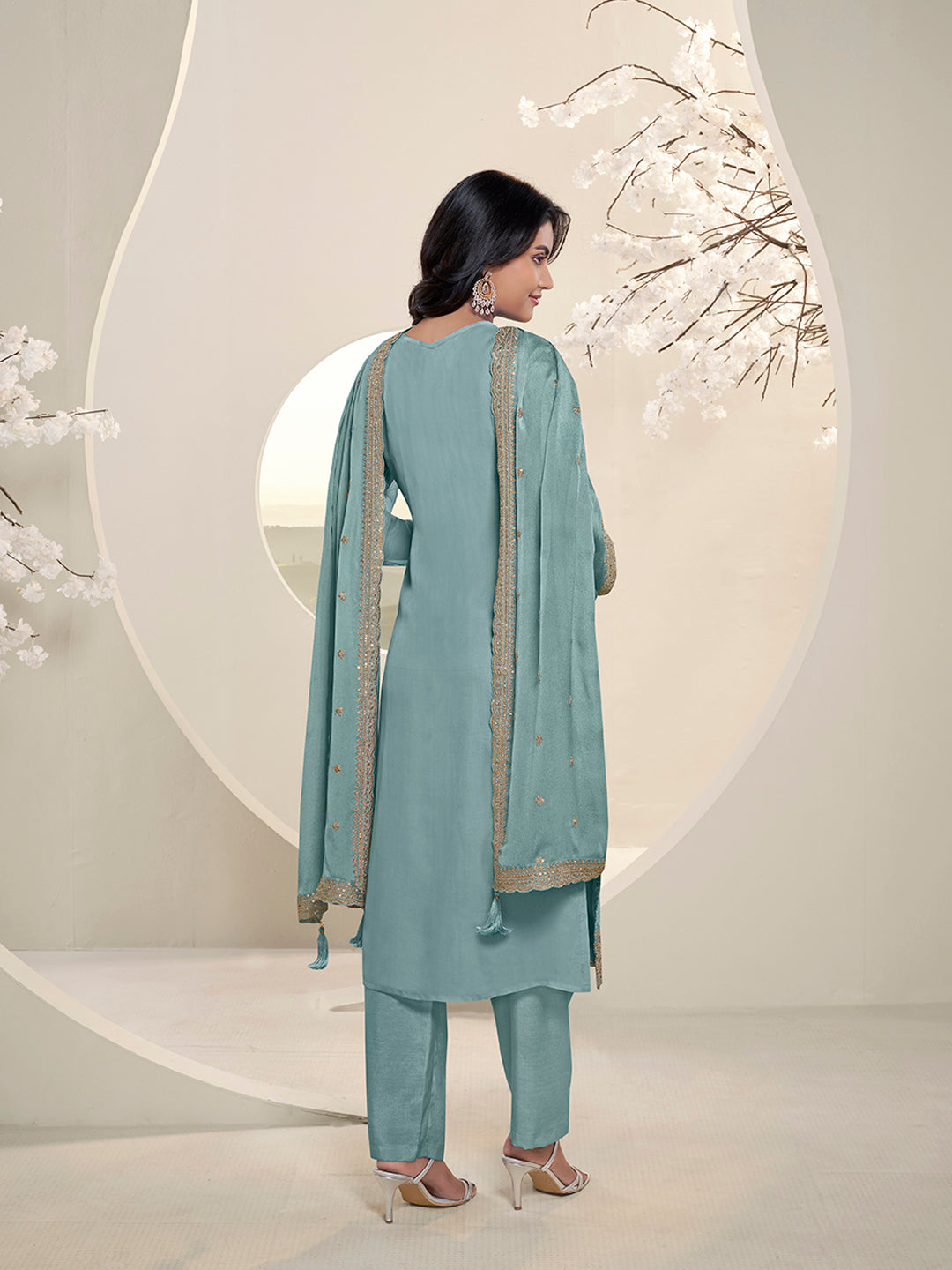 Teal Blue Floral Pattern Schiffli Thread and Sequins Embroidery Kurta Suit Set by Qivii