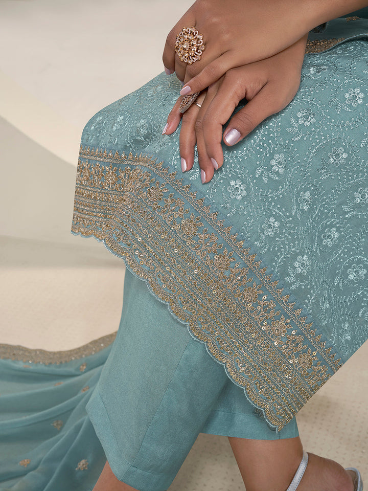 Teal Blue Floral Pattern Schiffli Thread and Sequins Embroidery Kurta Suit Set by Qivii