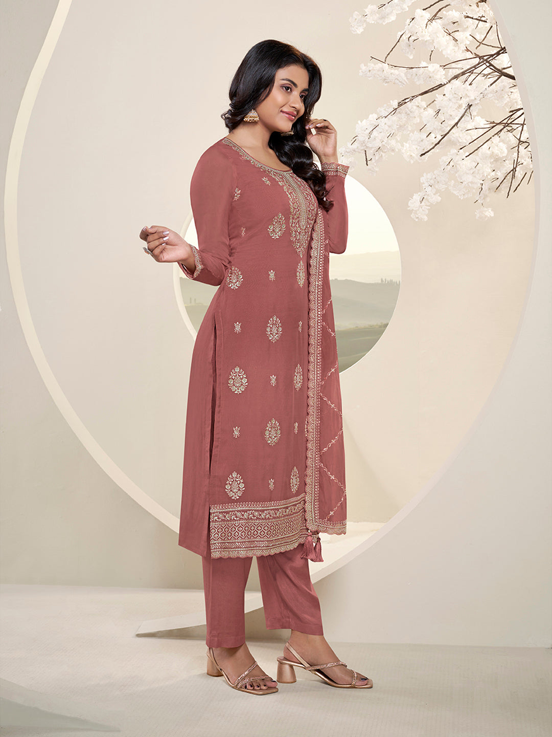 Metallic Peach Lucknowi Embroidered Kurta Set by Qivii