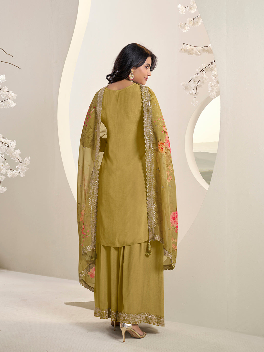 Mustard Floral Pattern Sequins Embroidered Sharara Suit Set