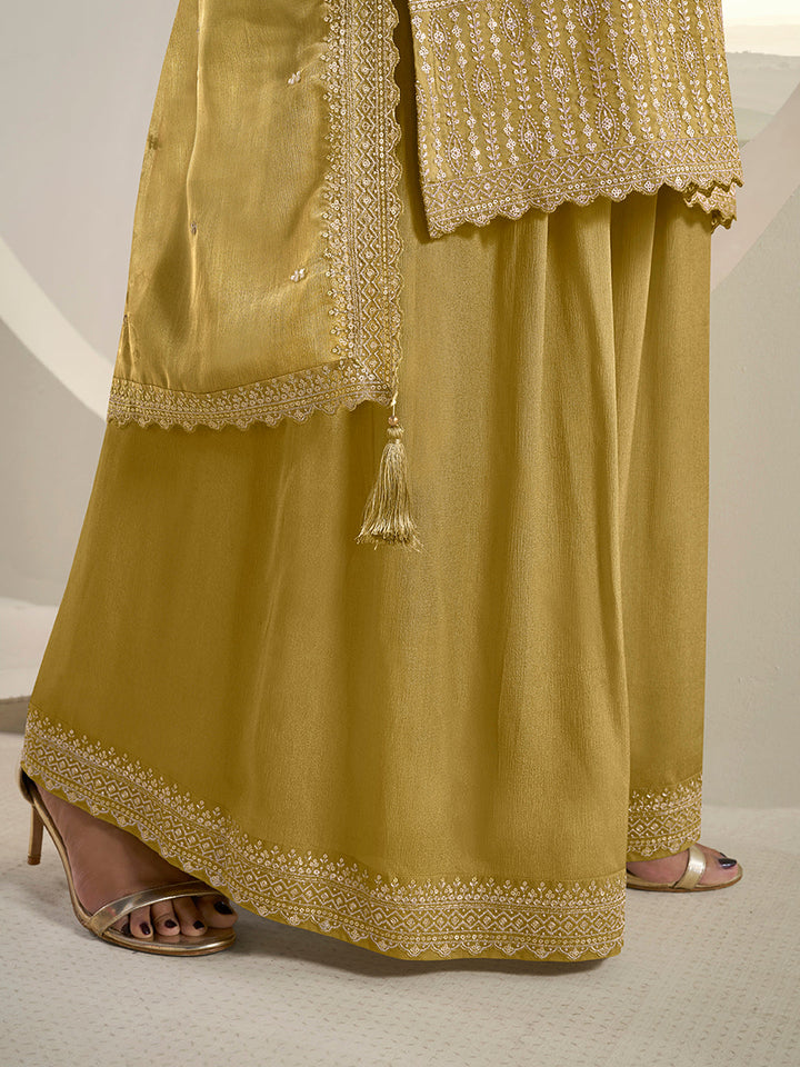 Mustard Floral Pattern Sequins Embroidered Sharara Suit Set by Qivii