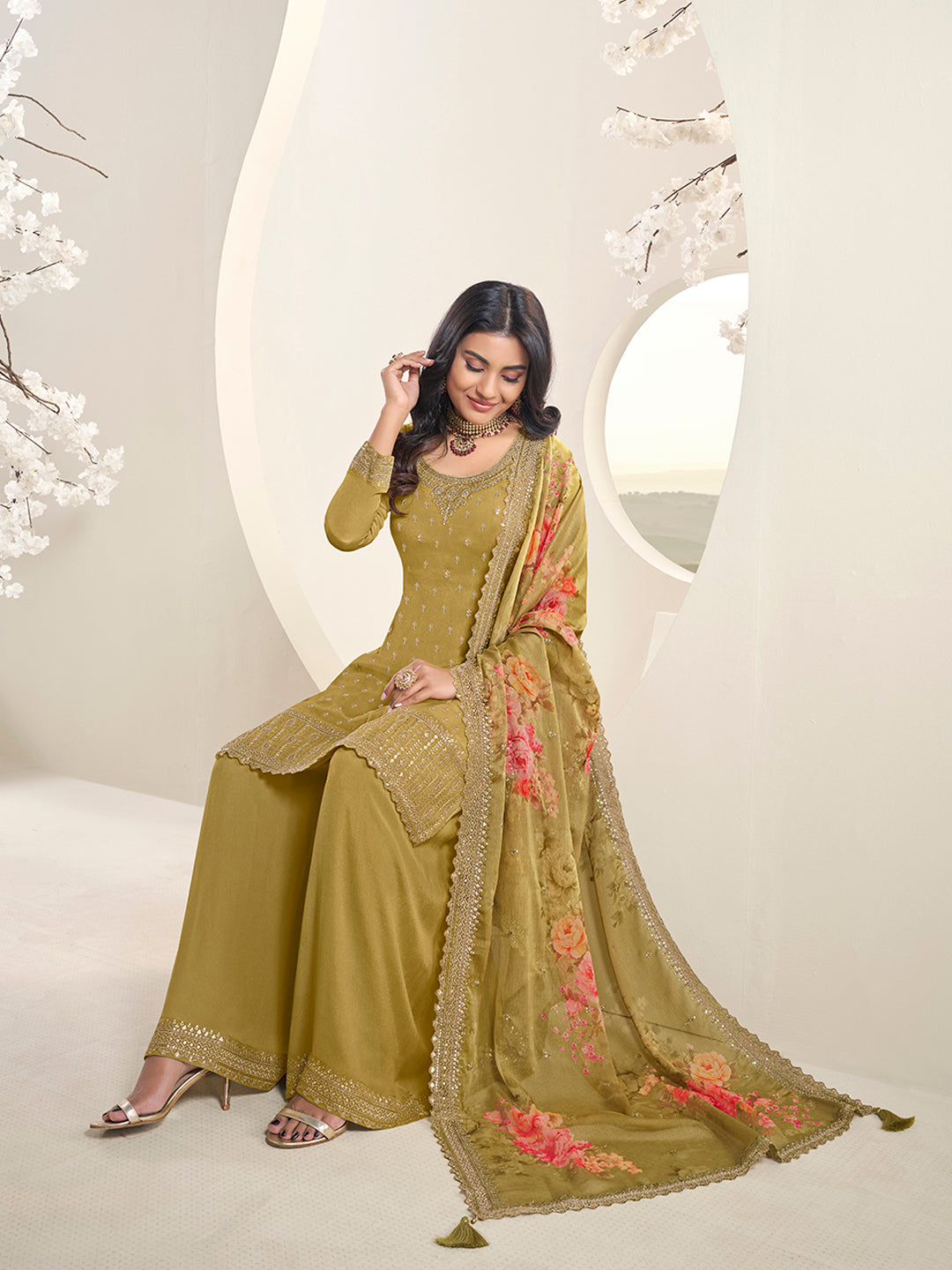 Mustard Floral Pattern Sequins Embroidered Sharara Suit Set by Qivii