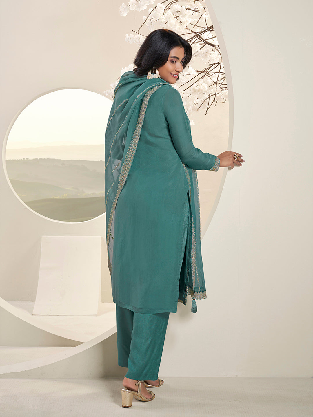 Turqouise Lucknowi Thread and Sequins Embroidery Kurta Suit Set by Qivii