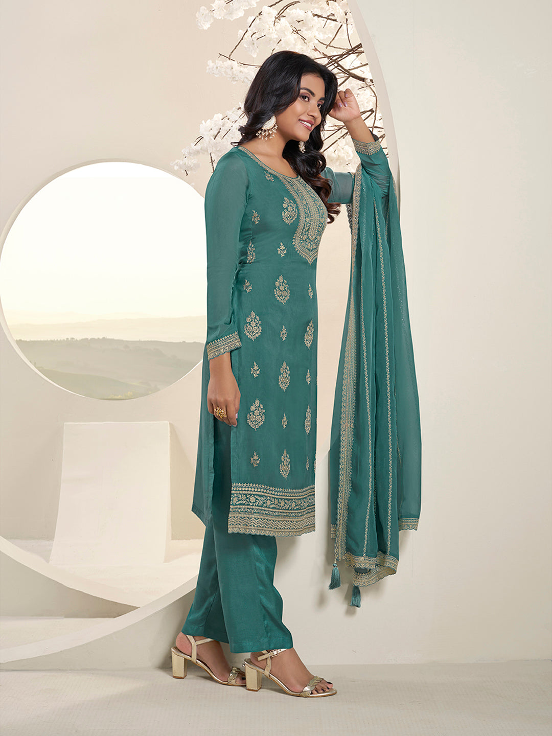 Turqouise Lucknowi Thread and Sequins Embroidery Kurta Suit Set by Qivii