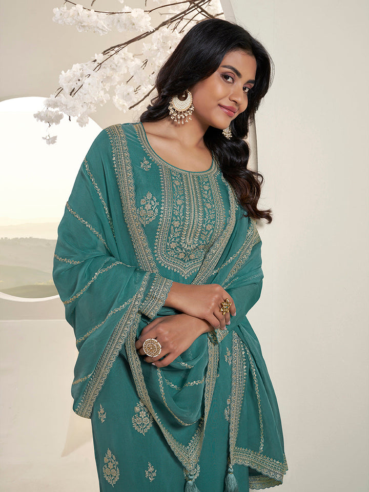 Turqouise Lucknowi Thread and Sequins Embroidery Kurta Suit Set by Qivii