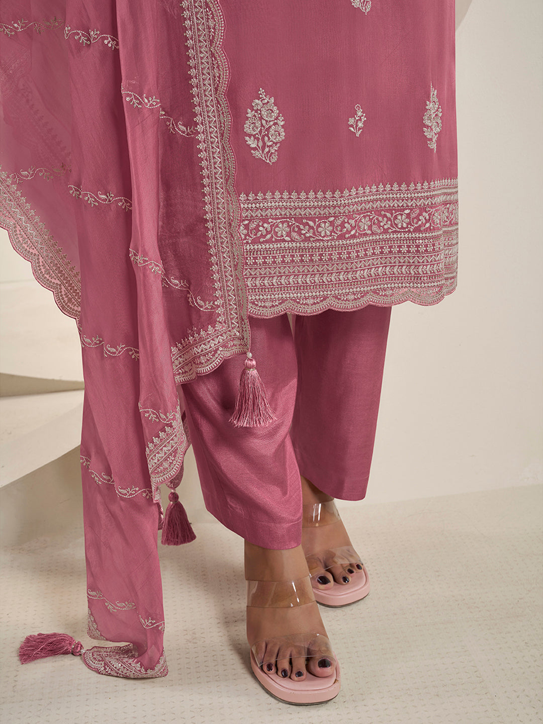 Pink Lucknowi Thread and Sequins Embroidery Kurta Suit Set