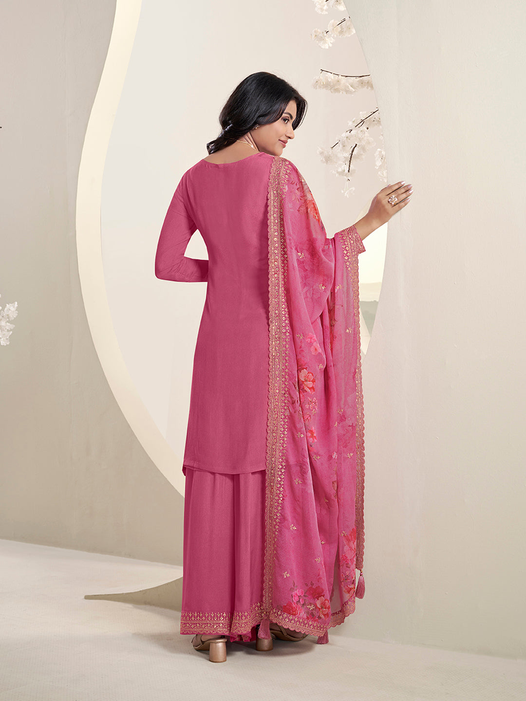 Pink Floral Pattern Sequins Embroidered Sharara Suit Set