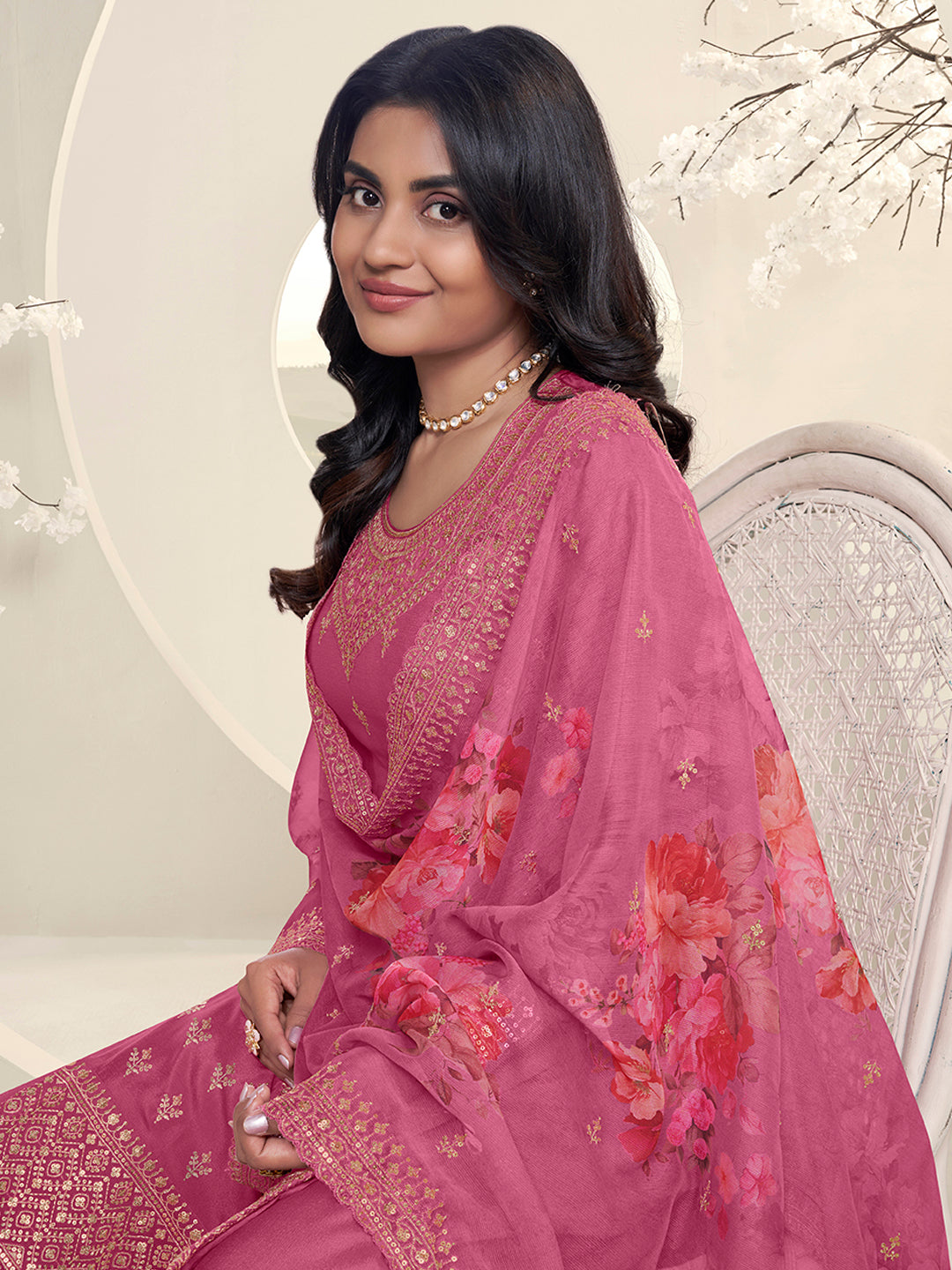 Pink Floral Pattern Sequins Embroidered Sharara Suit Set
