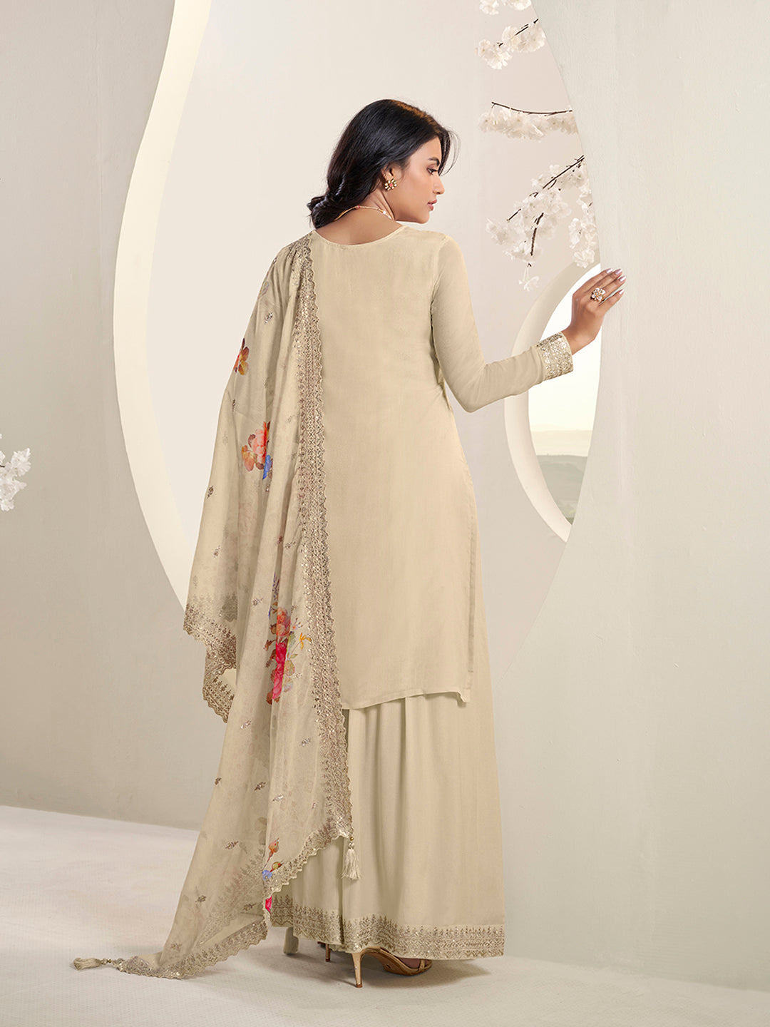 Off-white Floral Pattern Sequins Embroidered Sharara Suit Set by Qivii