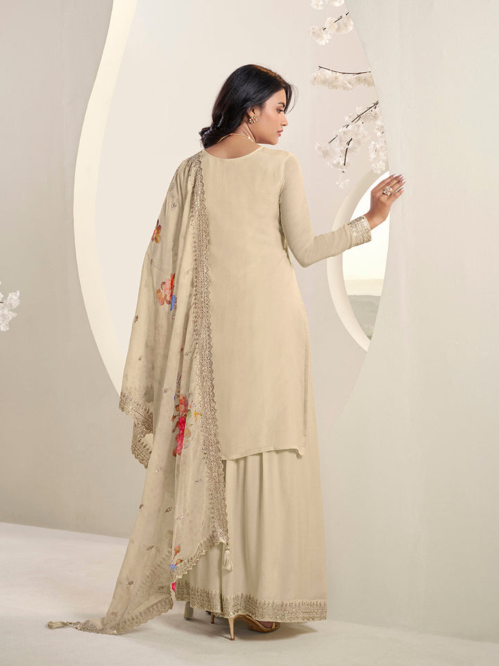 Off-white Floral Pattern Sequins Embroidered Sharara Suit Set by Qivii