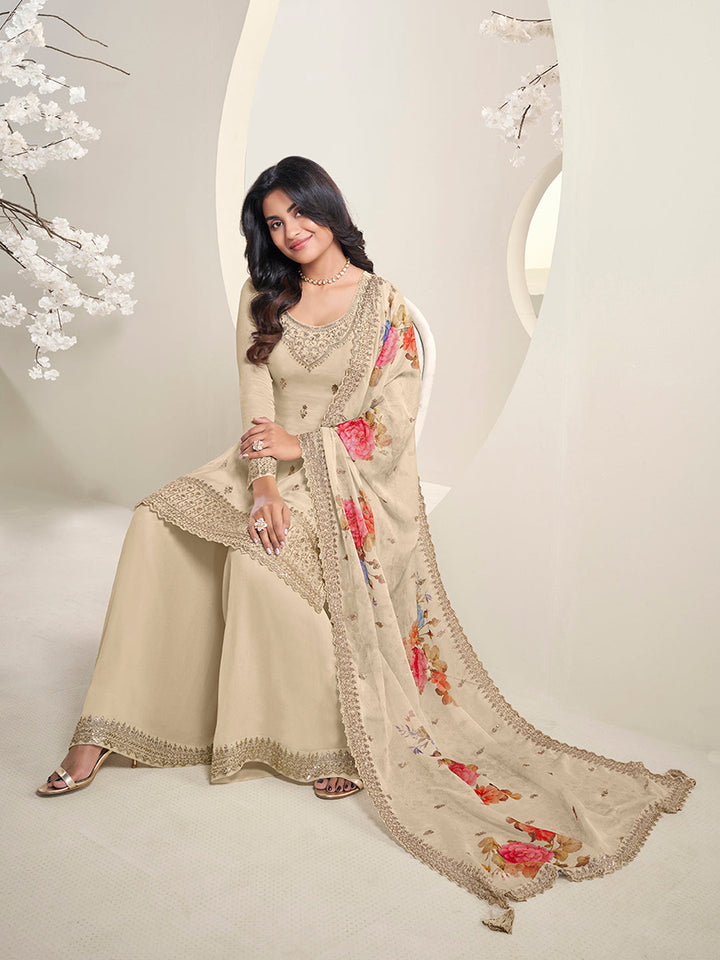 Off-white Floral Pattern Sequins Embroidered Sharara Suit Set by Qivii