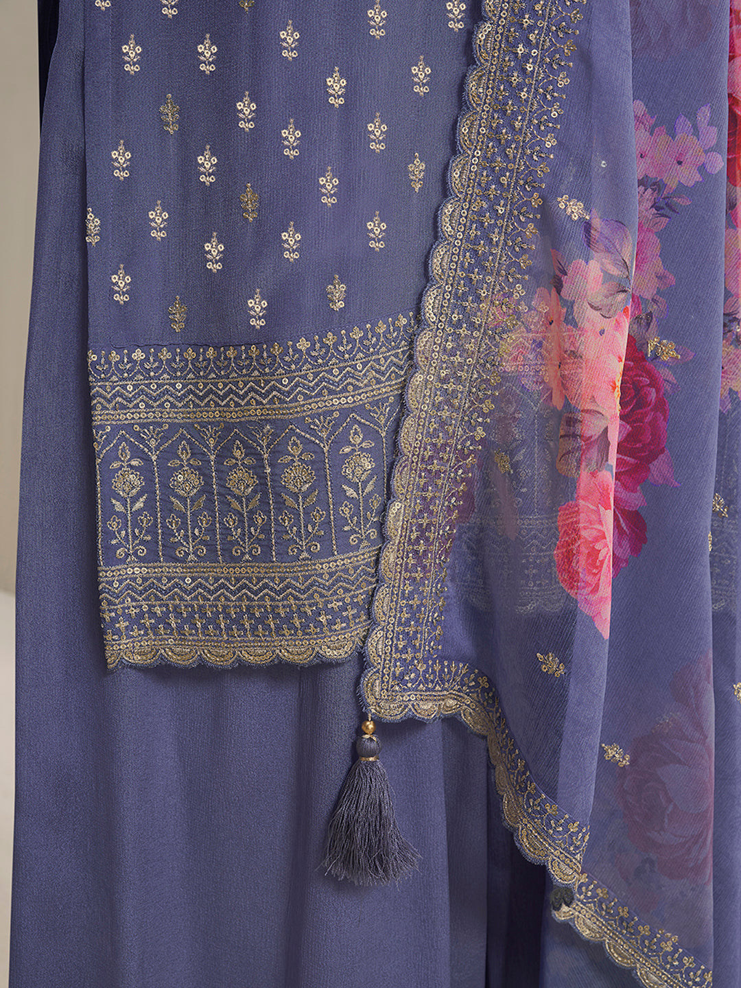 Purple Floral Pattern Sequins Embroidered Sharara Suit Set by Qivii