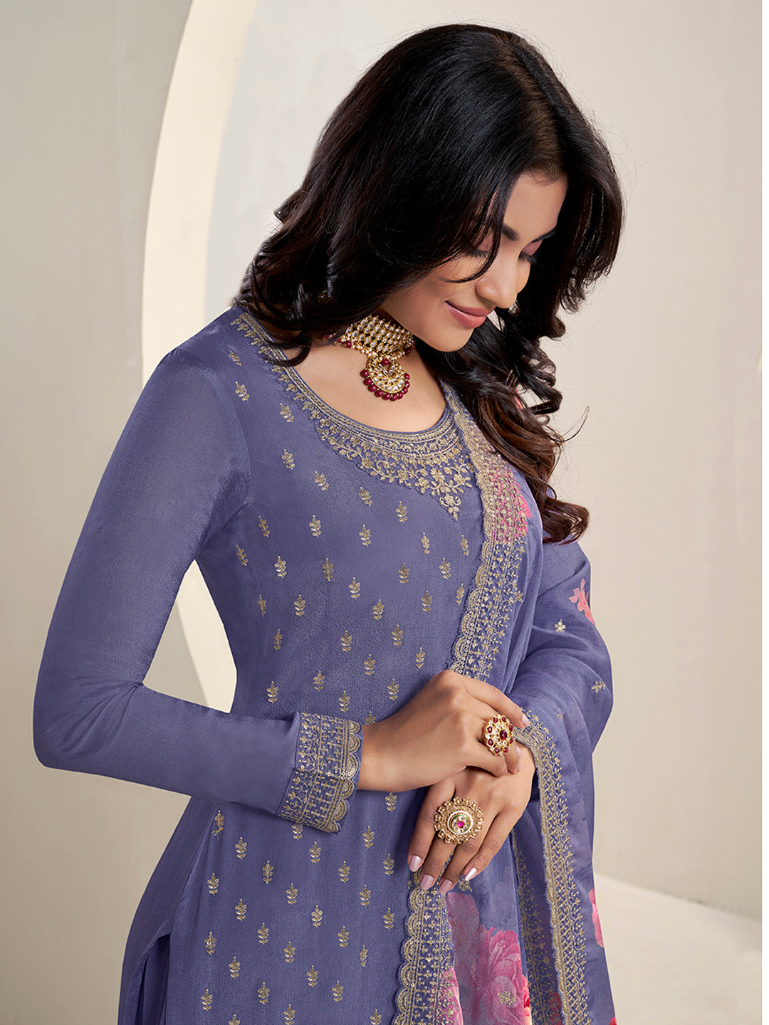 Purple Floral Pattern Sequins Embroidered Sharara Suit Set