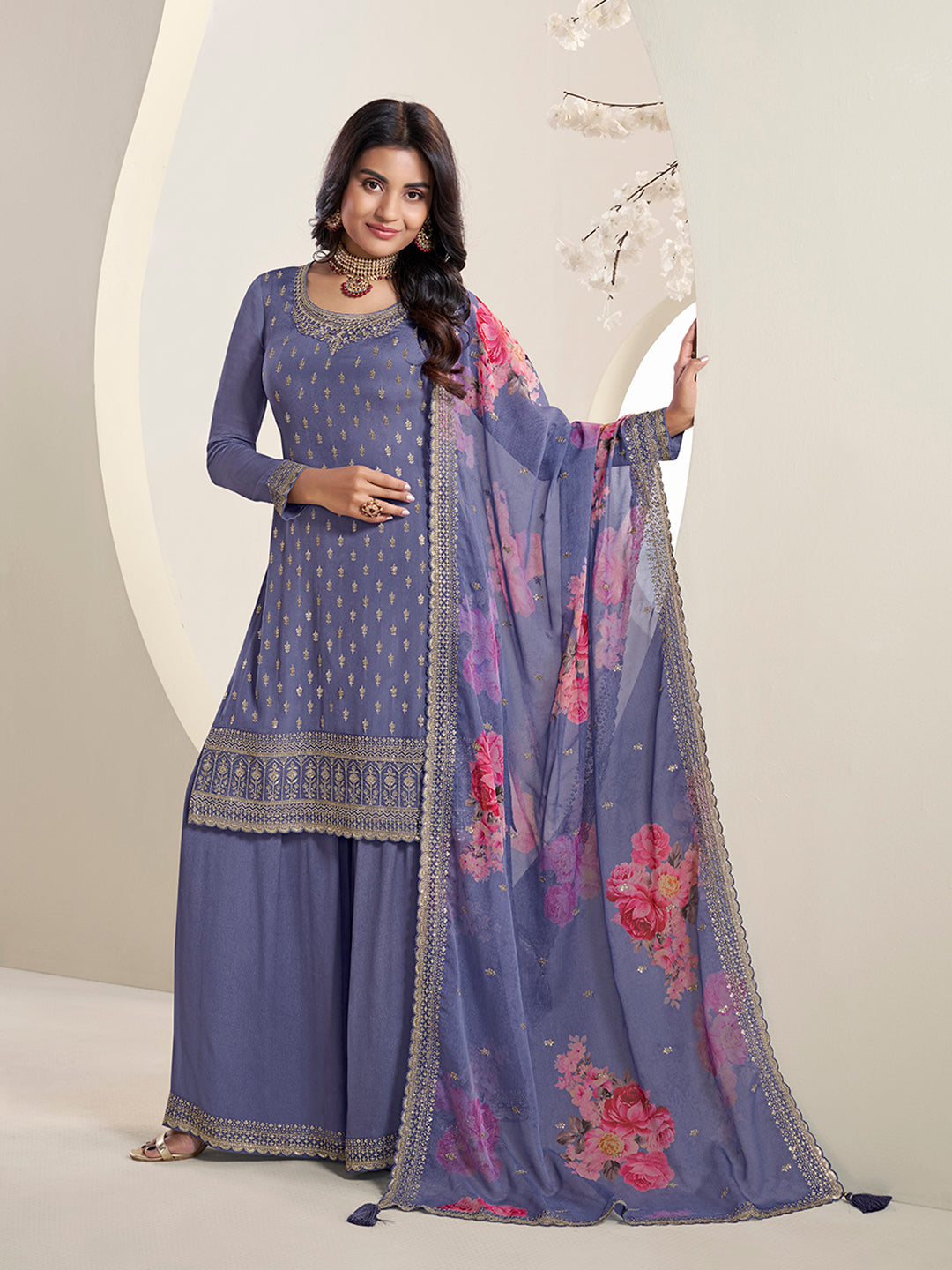 Purple Floral Pattern Sequins Embroidered Sharara Suit Set by Qivii