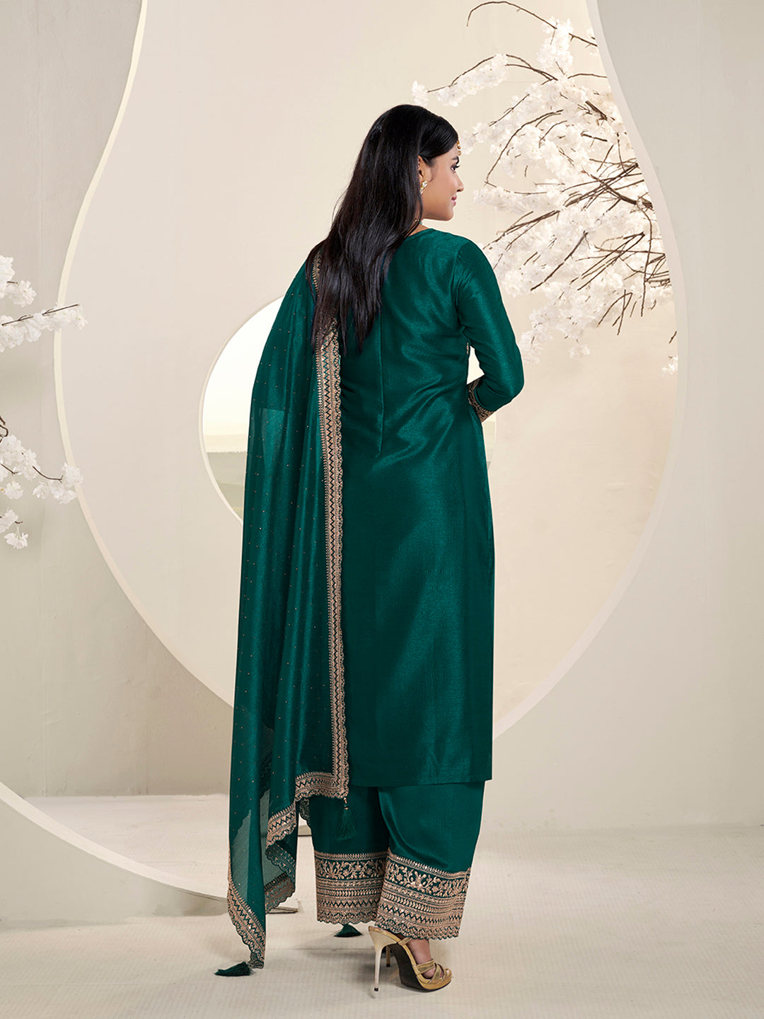 Bottle Green Designer Top Adorned with Exquisite Embroidered Palazzo Suit Set