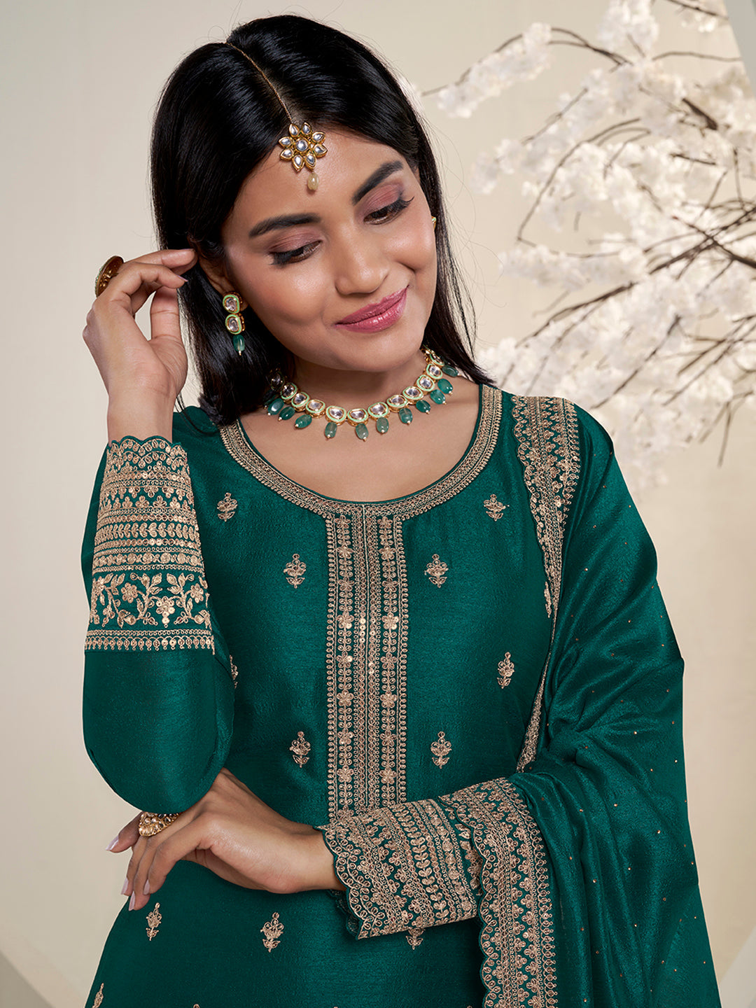 Bottle Green Designer Top Adorned with Exquisite Embroidered Palazzo Suit Set
