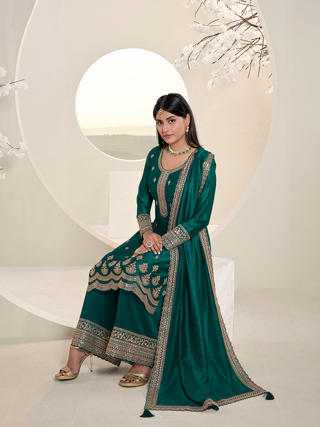 Bottle Green Designer Top Adorned with Exquisite Embroidered Palazzo Suit Set
