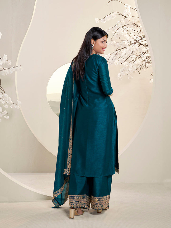 Dark Teal Blue Designer Top Adorned with Exquisite Embroidered Palazzo Suit Set by Qivii