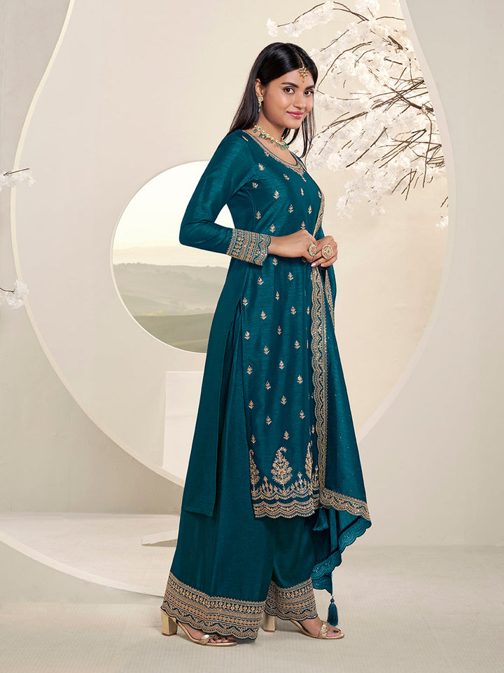 Dark Teal Blue Designer Top Adorned with Exquisite Embroidered Palazzo Suit Set by Qivii