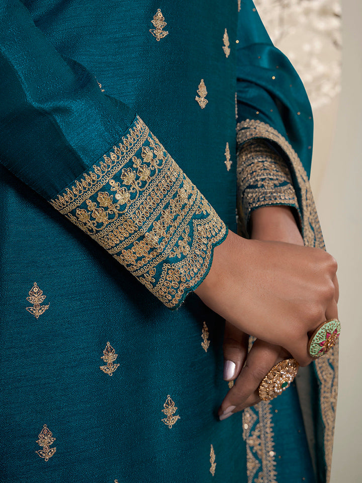 Dark Teal Blue Designer Top Adorned with Exquisite Embroidered Palazzo Suit Set by Qivii