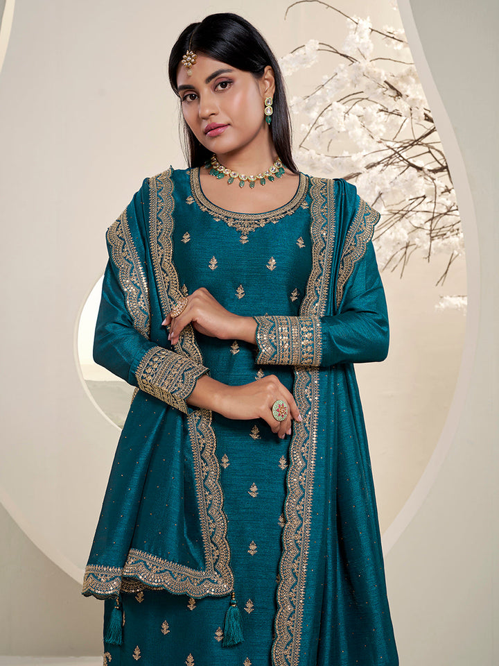 Dark Teal Blue Designer Top Adorned with Exquisite Embroidered Palazzo Suit Set by Qivii