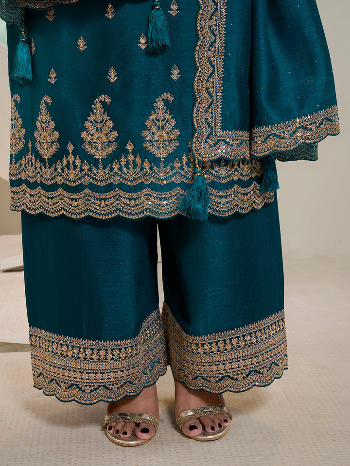 Dark Teal Blue Designer Top Adorned with Exquisite Embroidered Palazzo Suit Set by Qivii