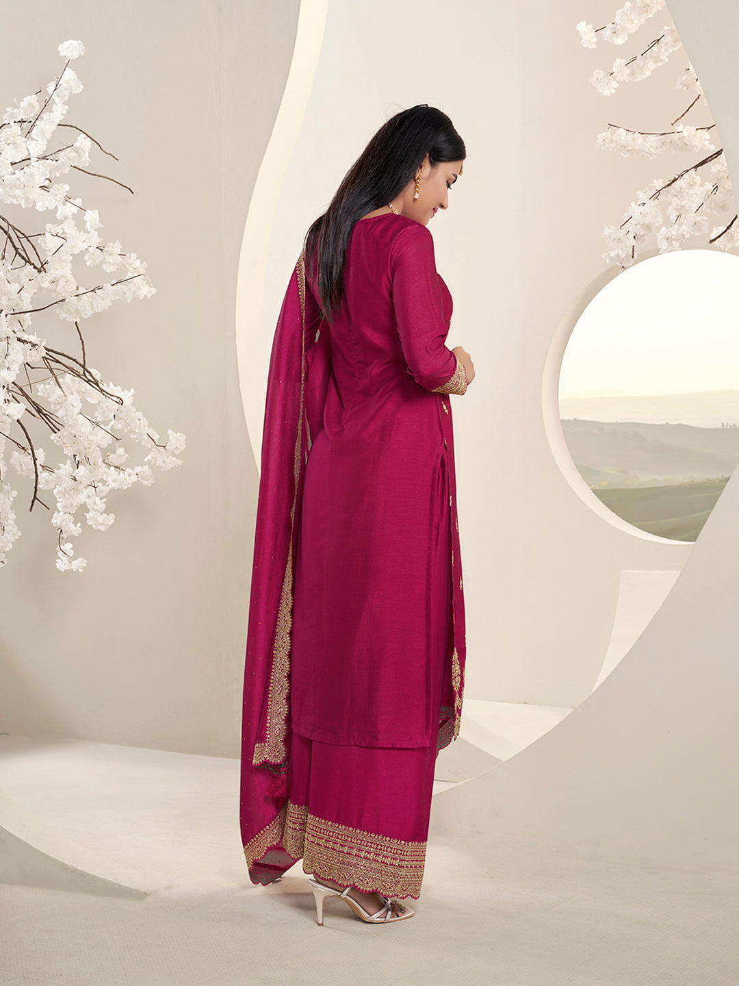 Rani Pink Designer Top Adorned with Exquisite Embroidered Palazzo Suit Set