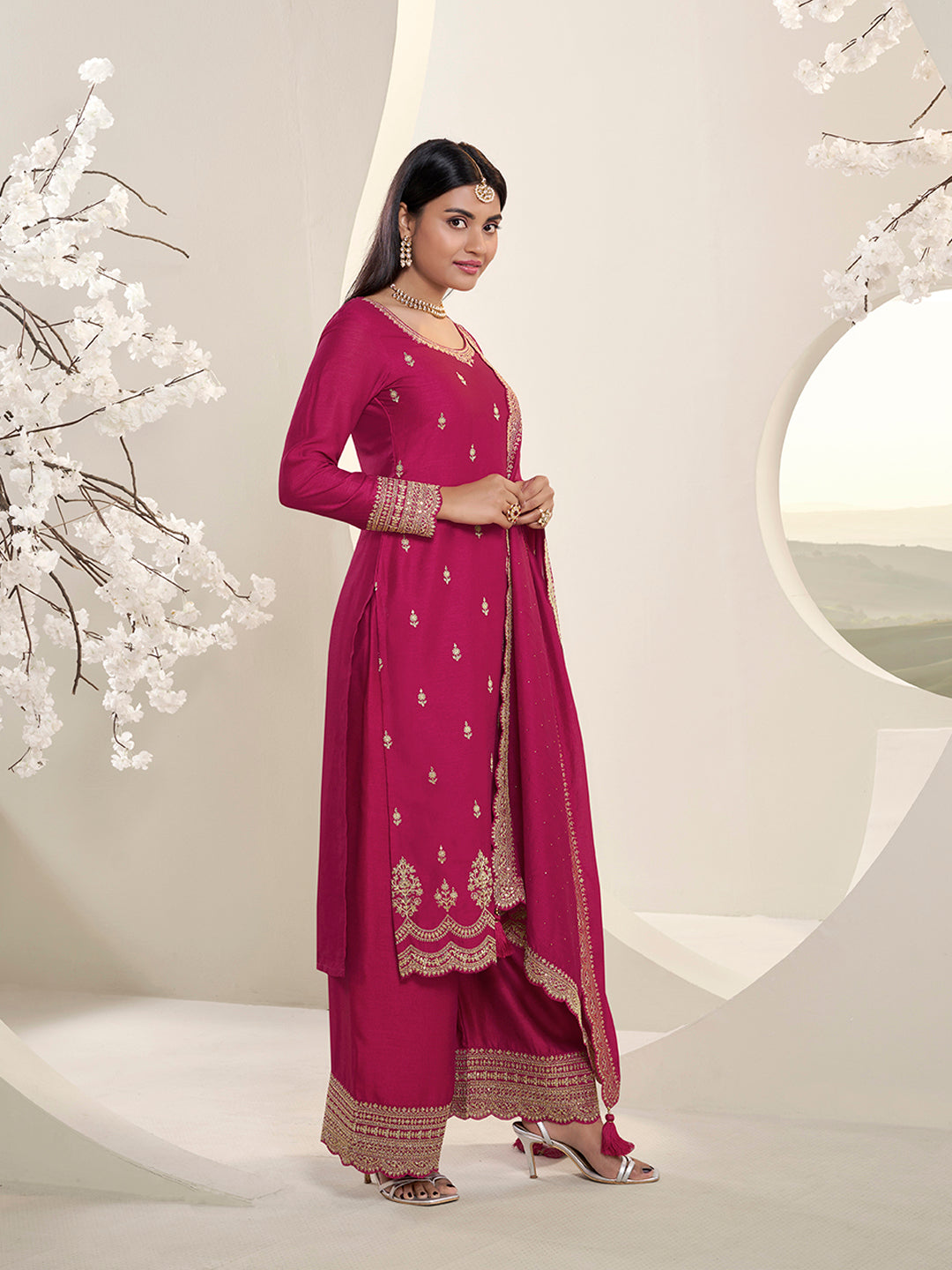Rani Pink Designer Top Adorned with Exquisite Embroidered Palazzo Suit Set