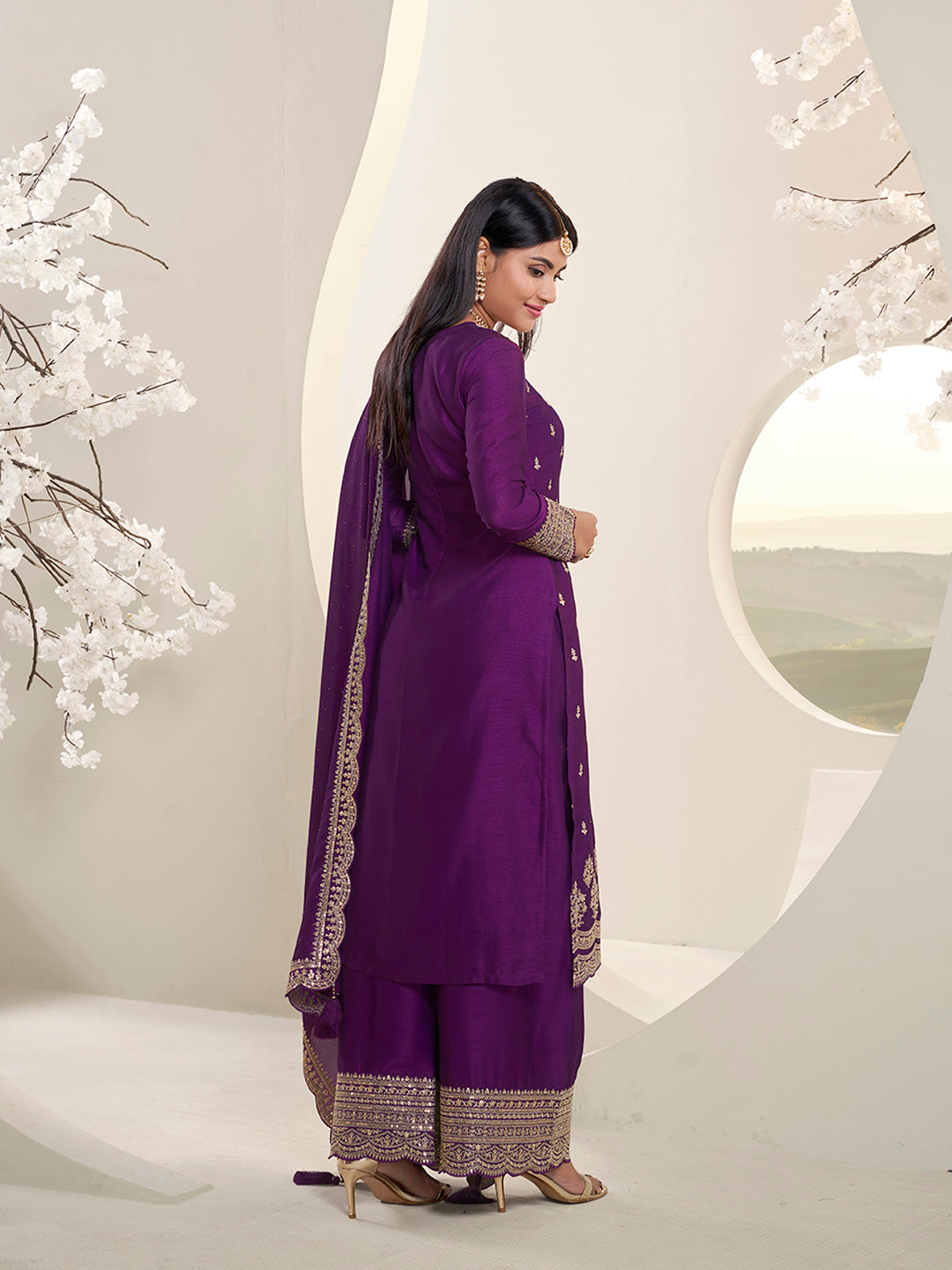 Purple Designer Top Adorned with Exquisite Embroidered Palazzo Suit Set by Qivii