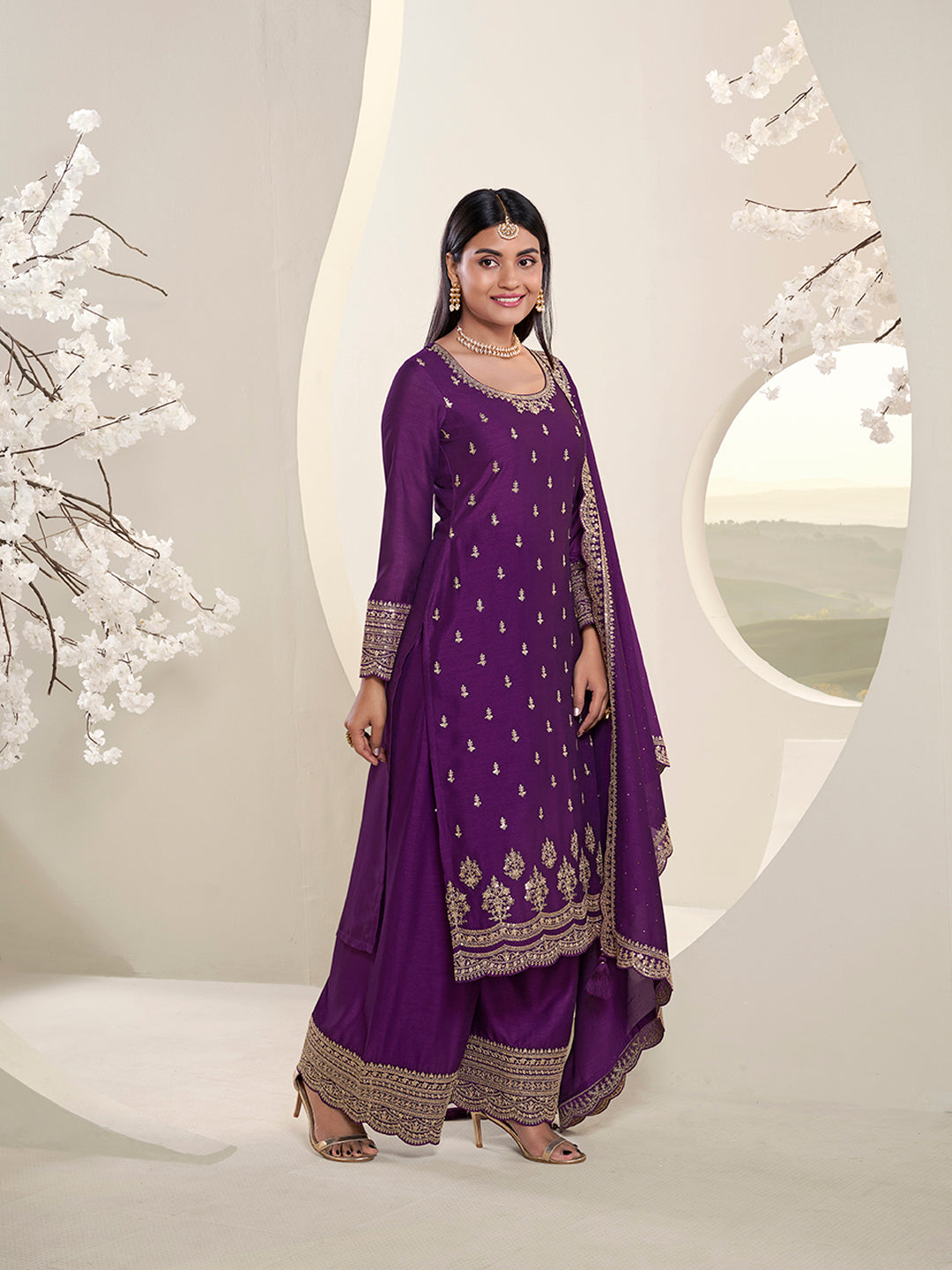 Purple Designer Top Adorned with Exquisite Embroidered Palazzo Suit Set