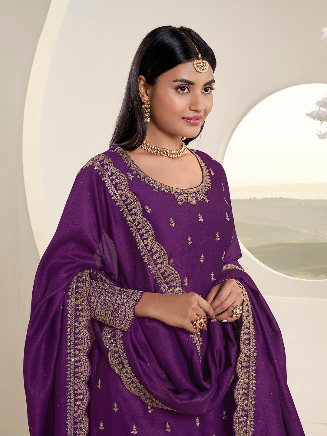 Purple Designer Top Adorned with Exquisite Embroidered Palazzo Suit Set by Qivii