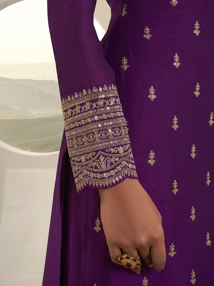 Purple Designer Top Adorned with Exquisite Embroidered Palazzo Suit Set by Qivii