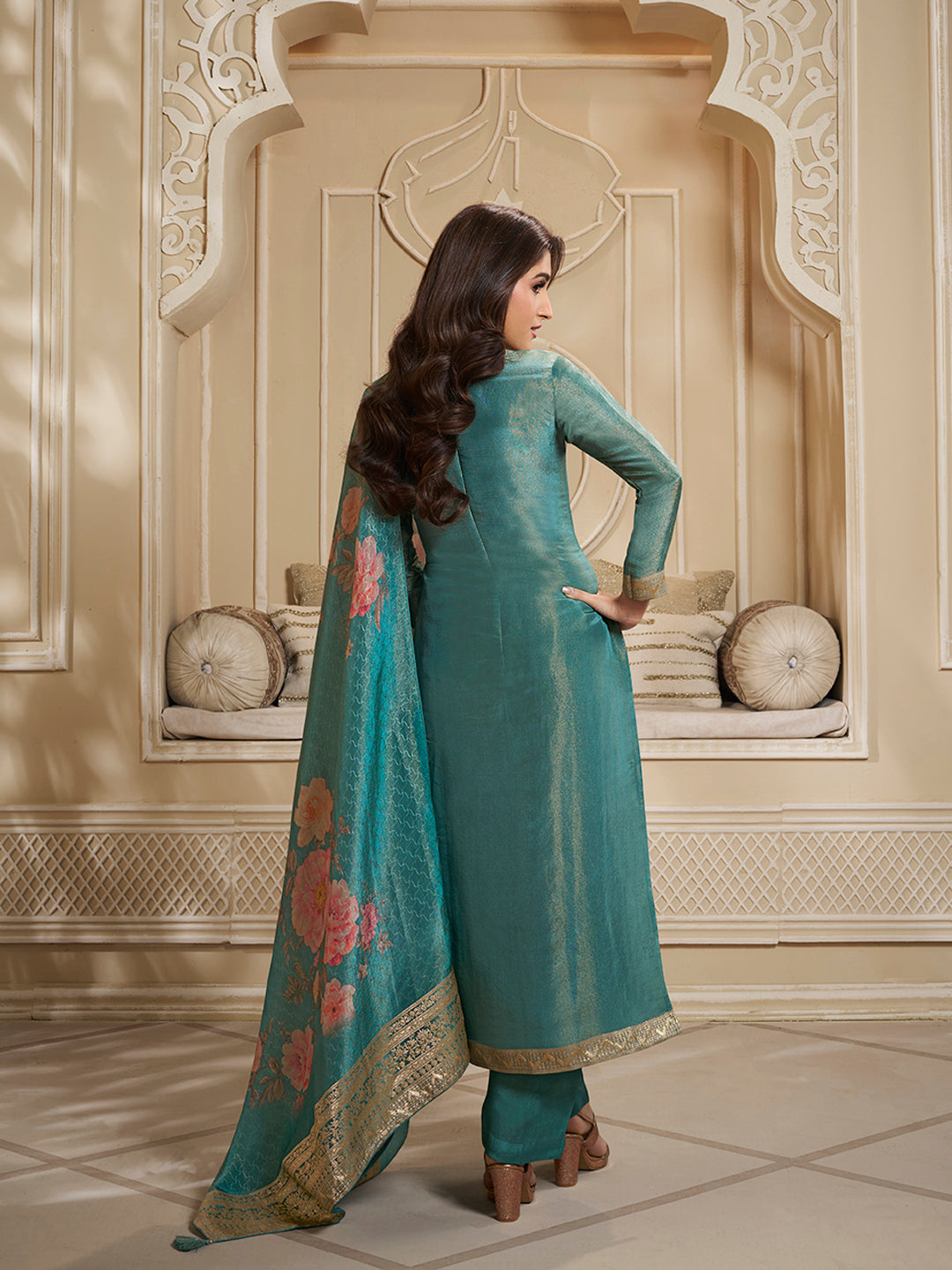 Teal Green Tissue Jacquard Kurta Suit Set with Jaal Pattern and Handcrafted Buttons by Qivii