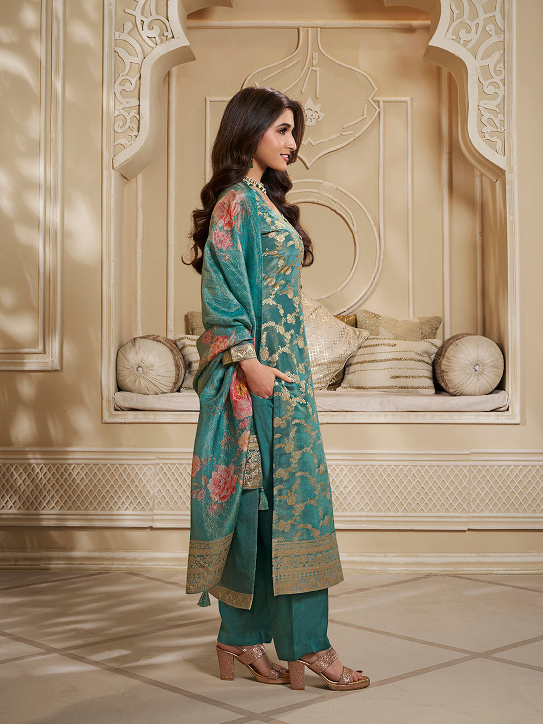 Teal Green Tissue Jacquard Kurta Suit Set with Jaal Pattern and Handcrafted Buttons by Qivii