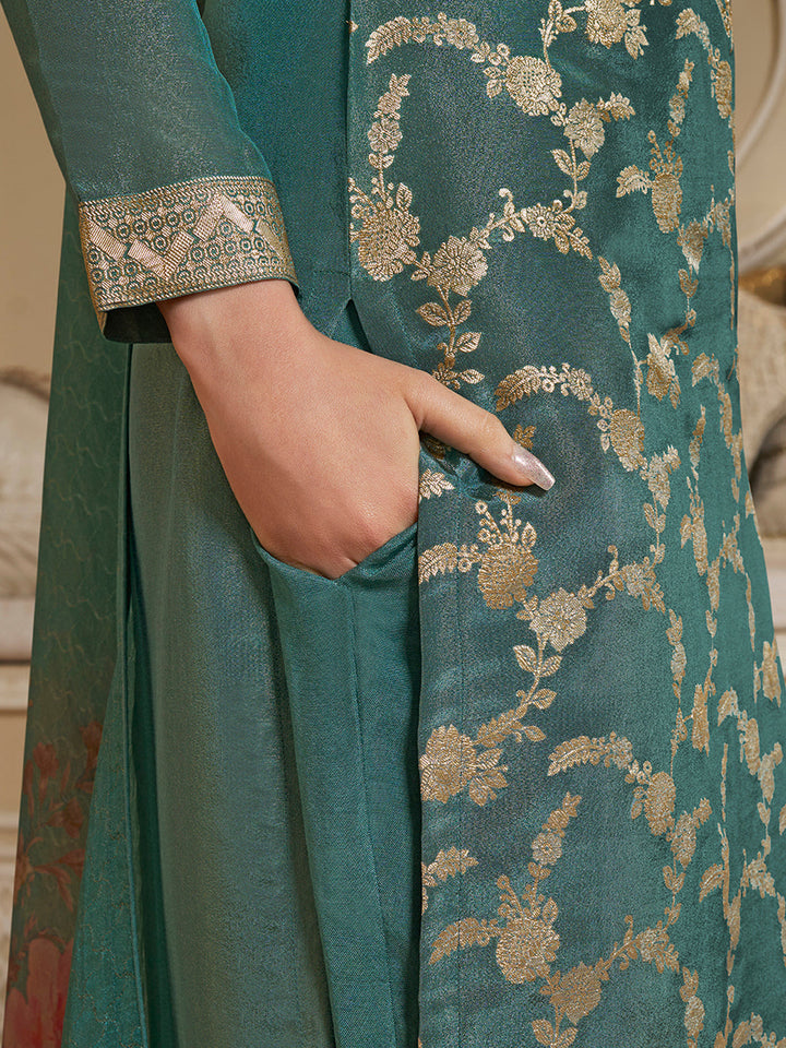 Teal Green Tissue Jacquard Kurta Suit Set with Jaal Pattern and Handcrafted Buttons by Qivii