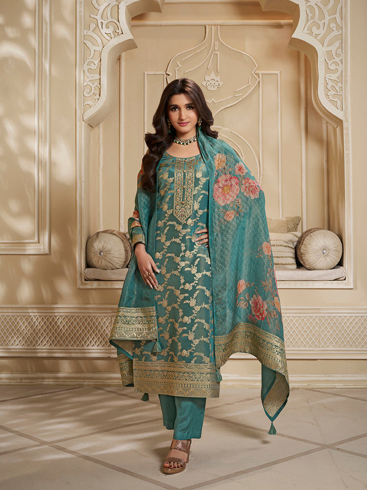 Teal Green Tissue Jacquard Kurta Suit Set with Jaal Pattern and Handcrafted Buttons by Qivii