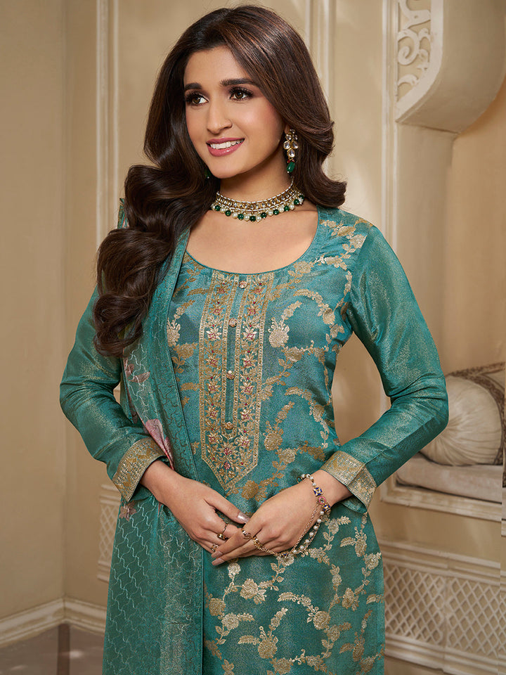 Teal Green Tissue Jacquard Kurta Suit Set with Jaal Pattern and Handcrafted Buttons by Qivii