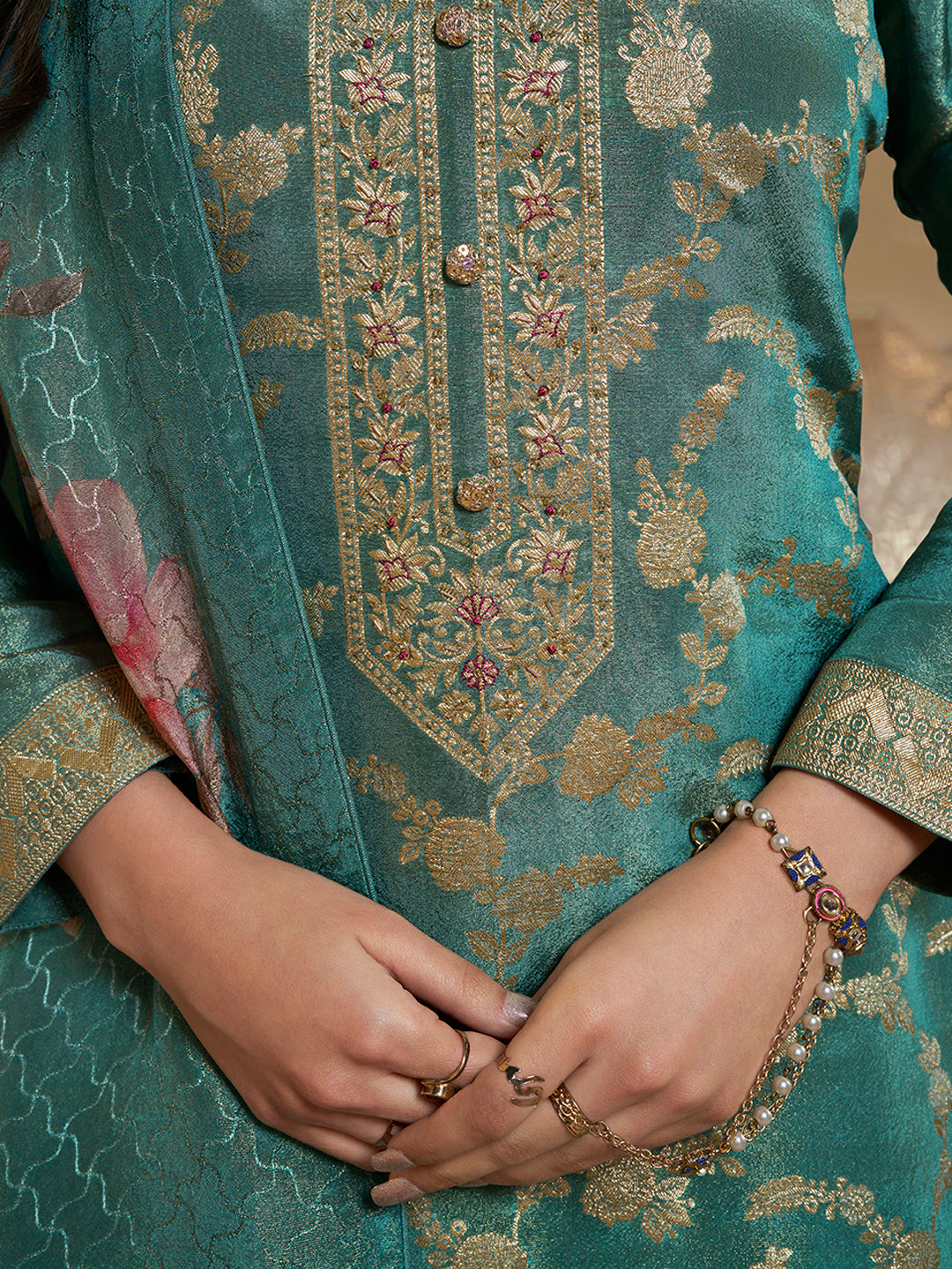 Teal Green Tissue Jacquard Top. Paired with Santoon Bottom and Tissue Digital Floral Printed Dupatta