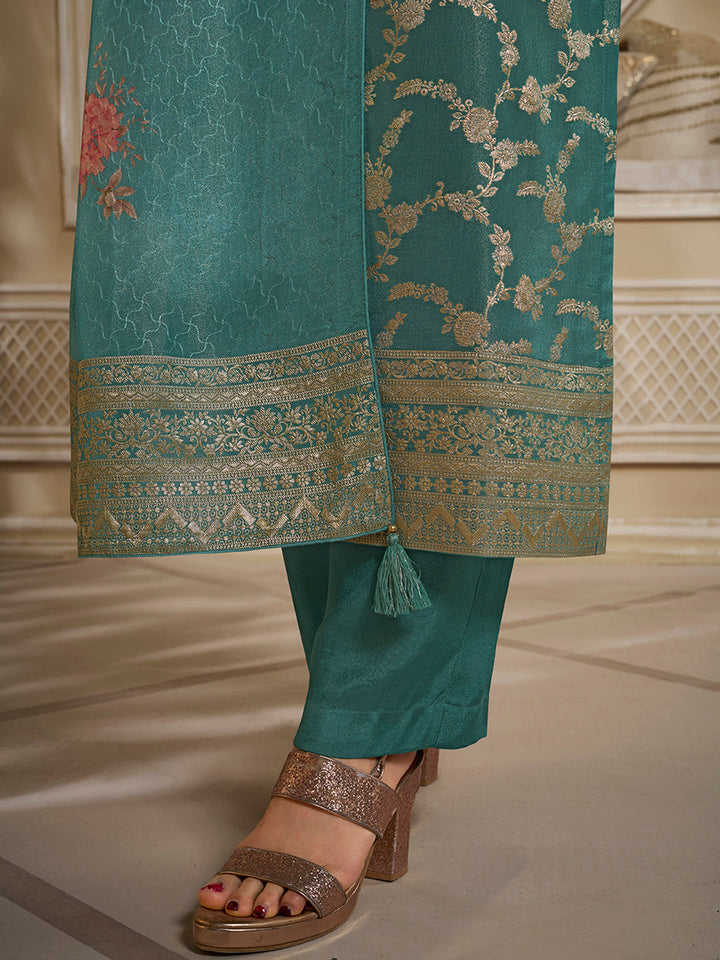 Teal Green Tissue Jacquard Kurta Suit Set with Jaal Pattern and Handcrafted Buttons by Qivii