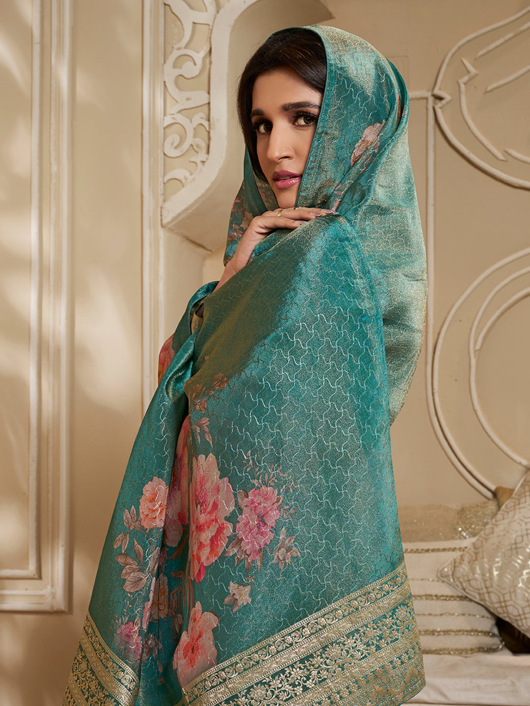 Teal Green Tissue Jacquard Top. Paired with Santoon Bottom and Tissue Digital Floral Printed Dupatta