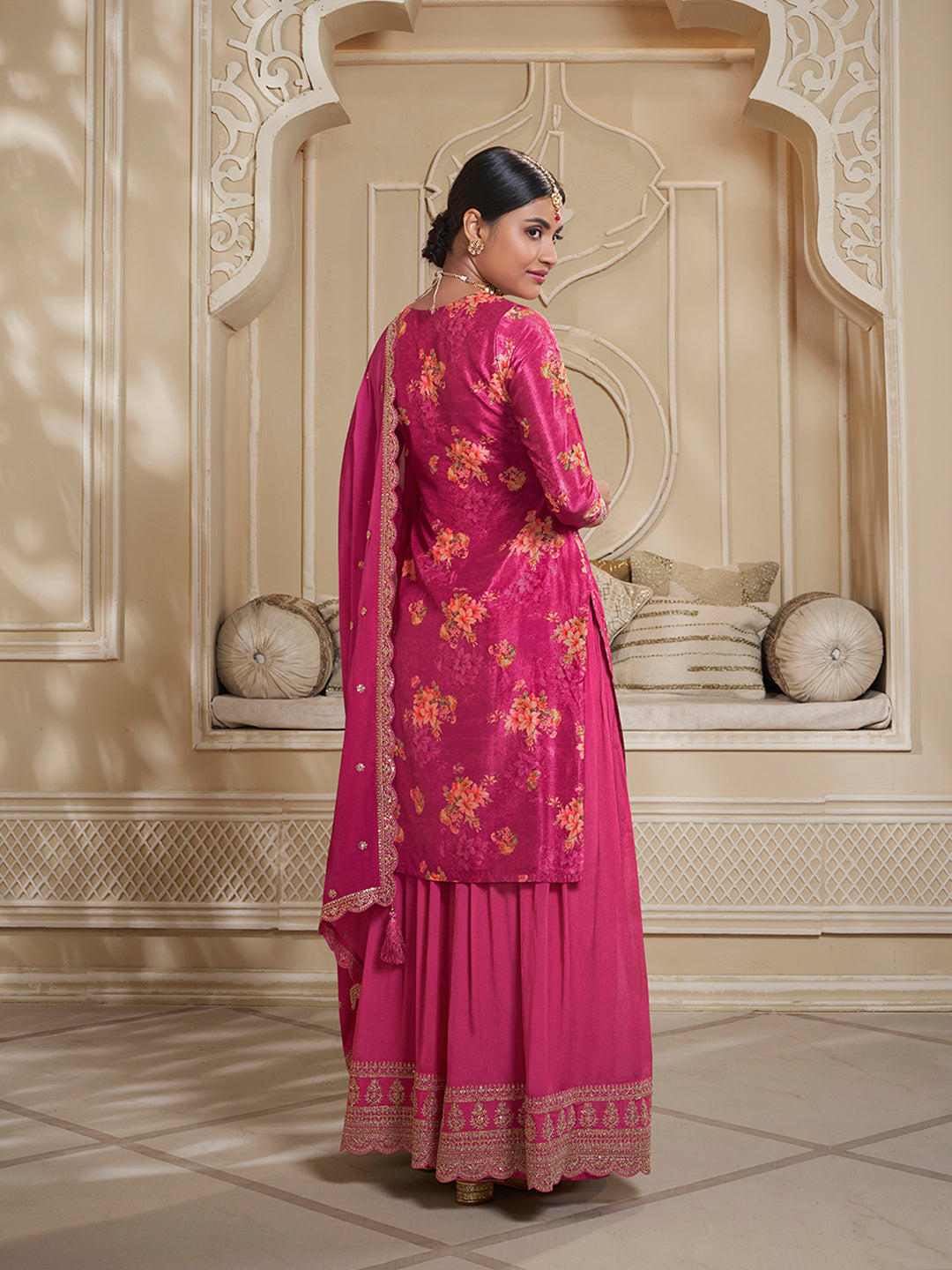 Rani Pink Digital Floral Printed Embroidered Sharara Suit Set