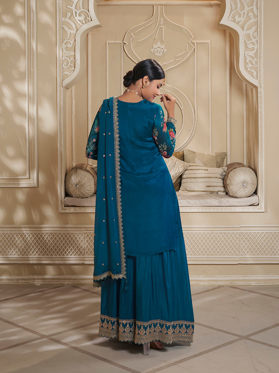 Blue Digital Floral Printed Embroidered Sharara Suit Set