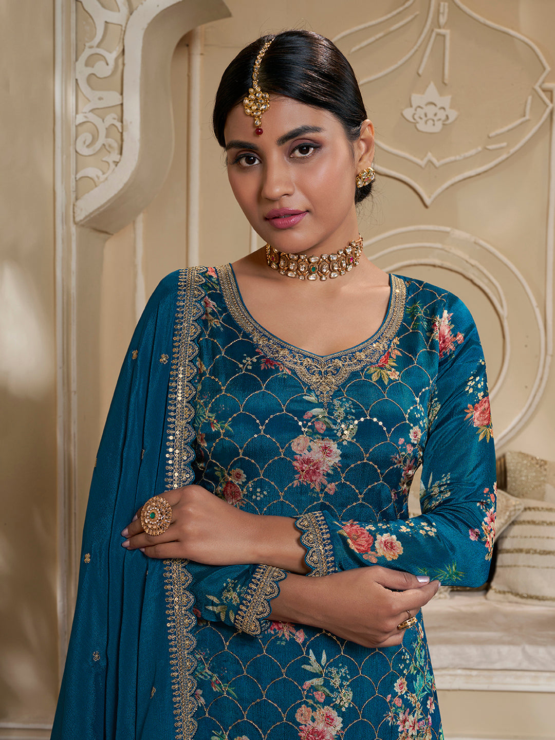 Blue Digital Floral Printed Embroidered Sharara Suit Set