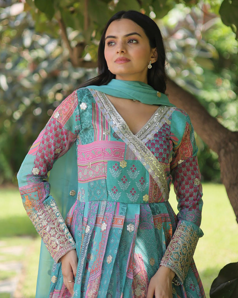 Wedding Wear Embroidery Sky Blue Color Gown With Dupatta  - By Qivii