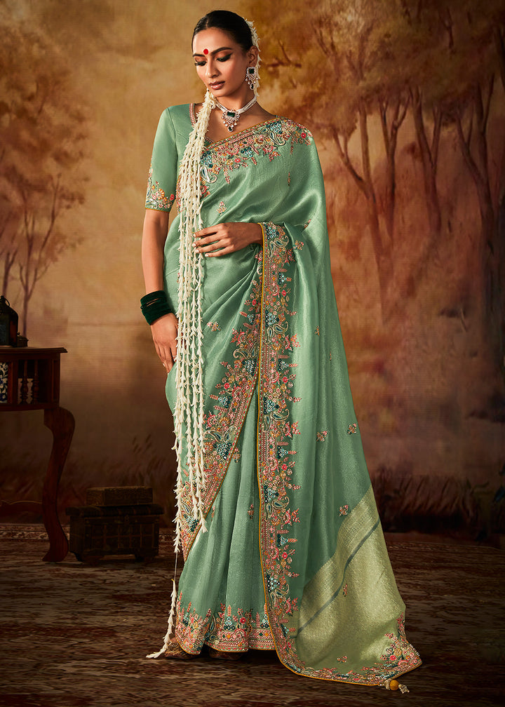 Emerald Green Woven Banarasi Silk Saree with Sequin,Stone,Zardosi,Khatli & Pearl work