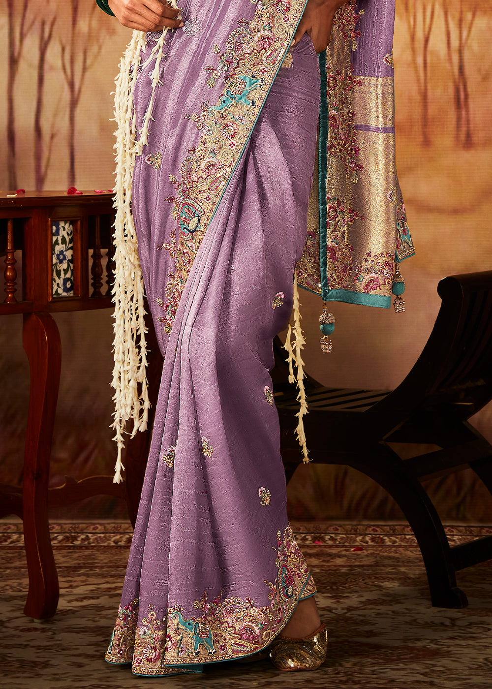 Floral Purple Woven Banarasi Silk Saree with Sequin,Stone,Zardosi,Khatli & Pearl work