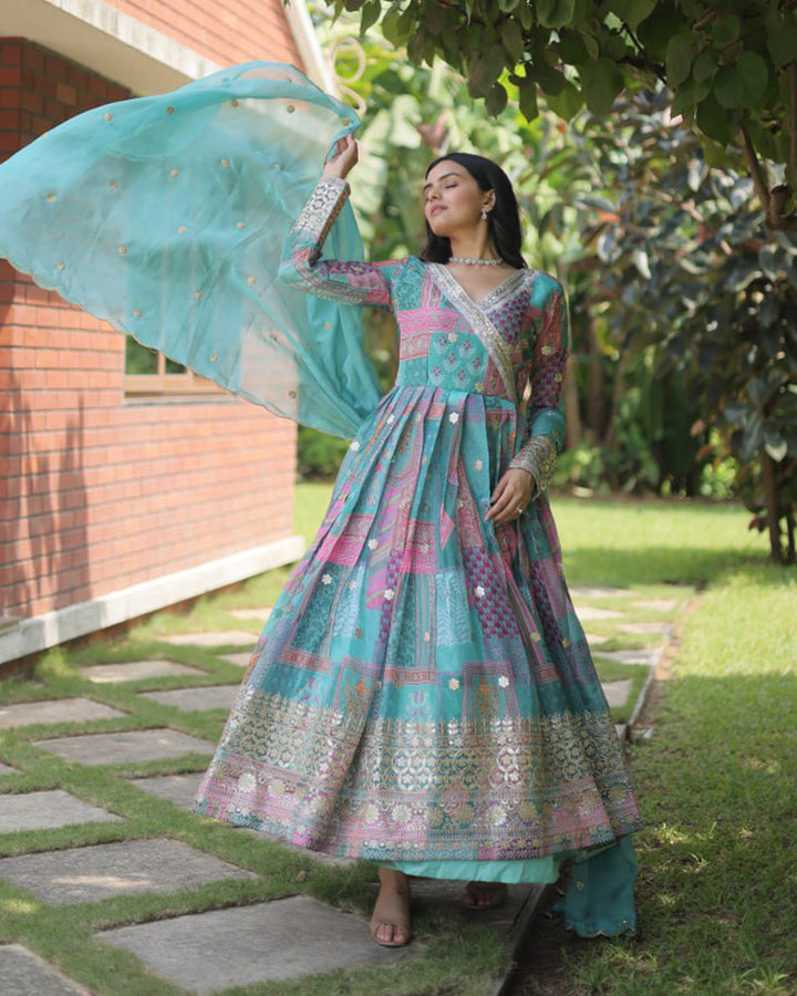 Wedding Wear Embroidery Sky Blue Color Gown With Dupatta  - By Qivii